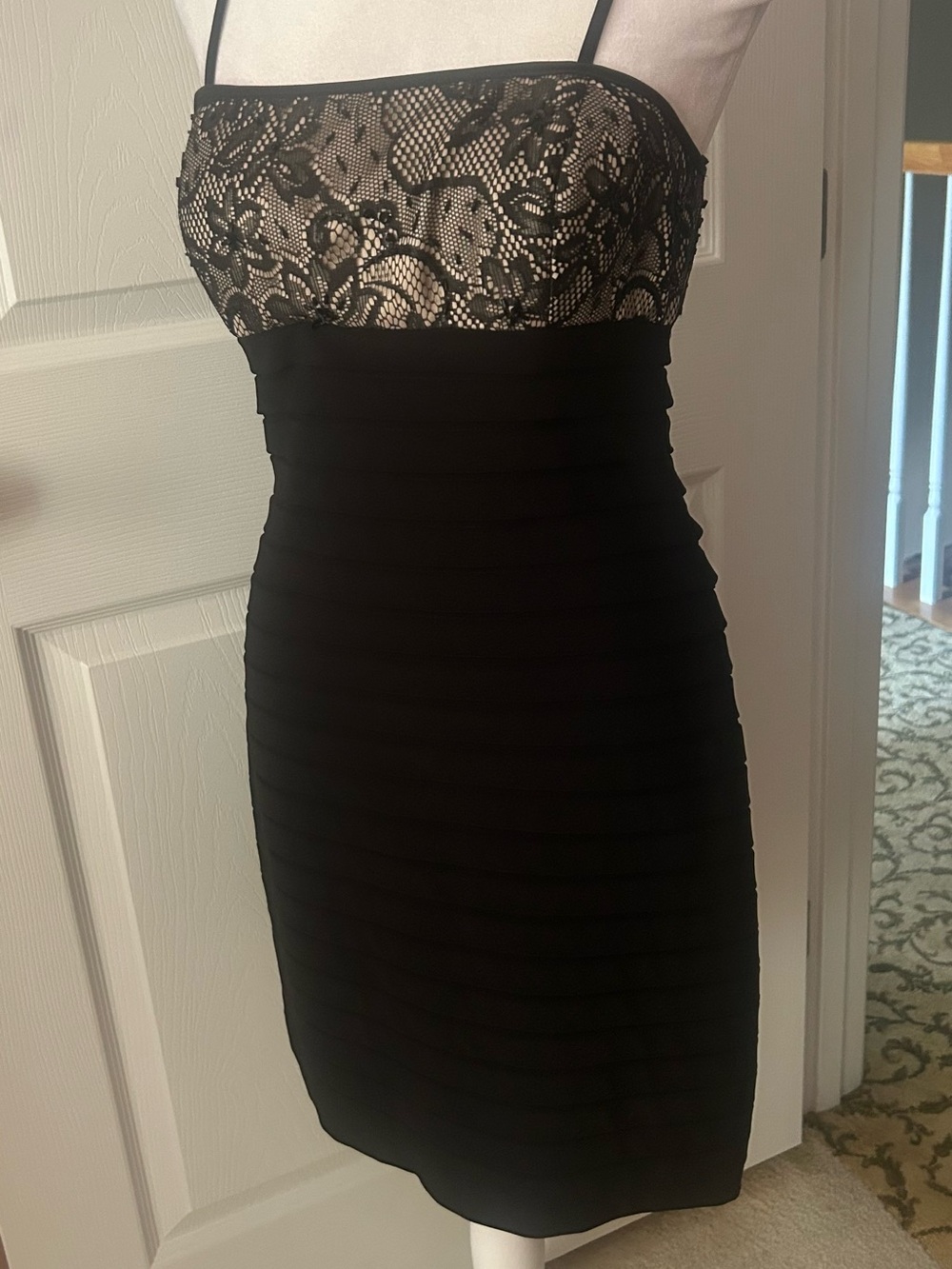 Eliza J Black Lace-Top with Beads Midi Sheath Dress